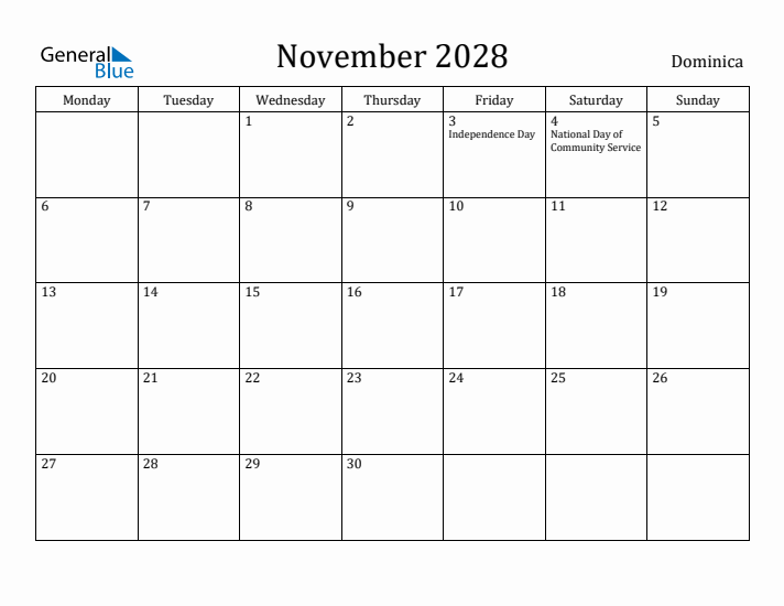 November 2028 Calendar Dominica