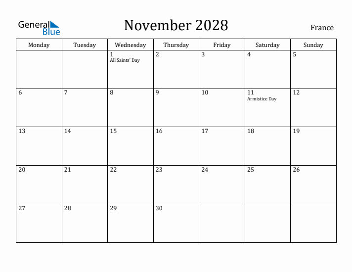 November 2028 Calendar France