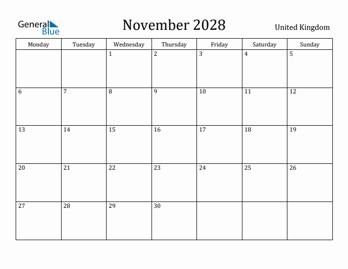 November 2028 Calendar United Kingdom