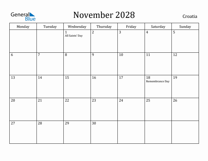 November 2028 Calendar Croatia