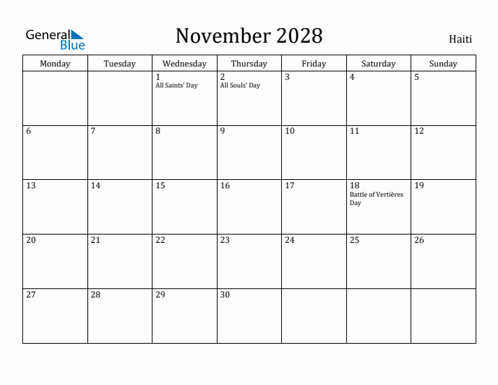 November 2028 Calendar Haiti