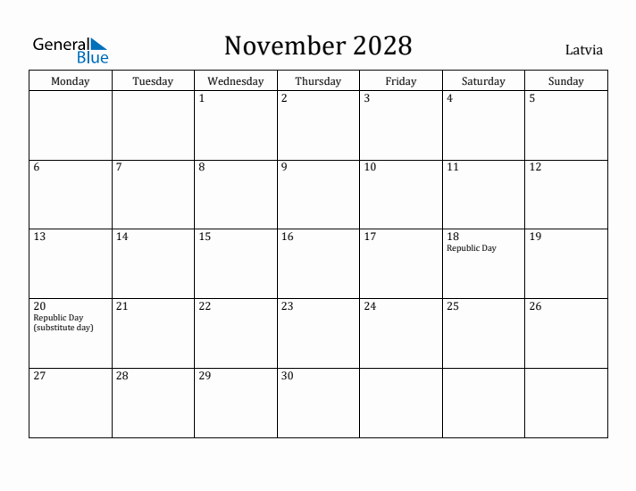 November 2028 Calendar Latvia