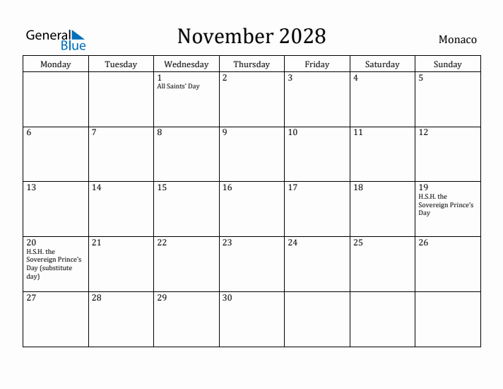 November 2028 Calendar Monaco