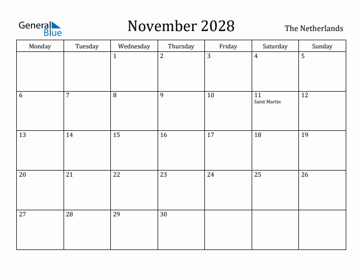 November 2028 Calendar The Netherlands