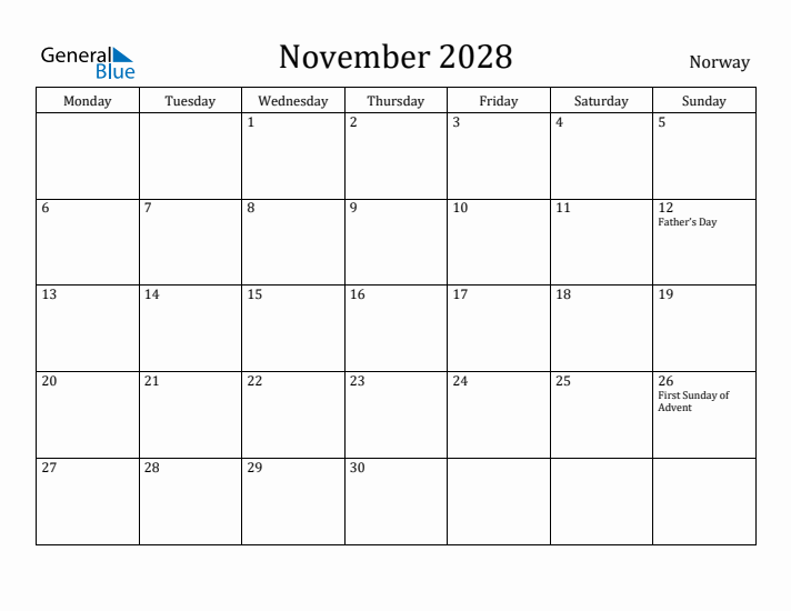 November 2028 Calendar Norway