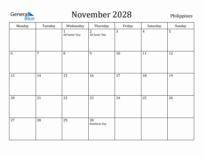 November 2028 Calendar Philippines