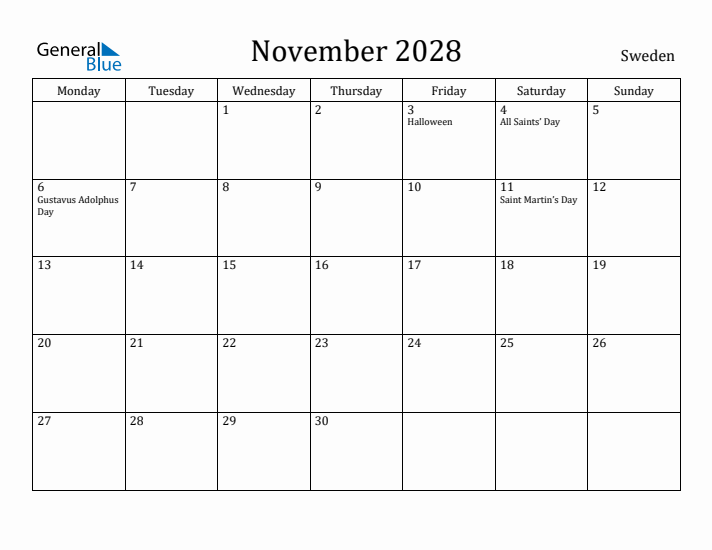 November 2028 Calendar Sweden