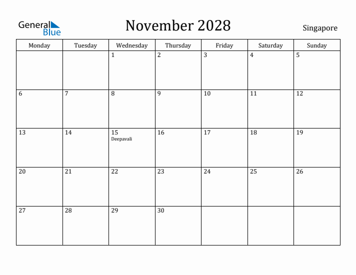 November 2028 Calendar Singapore