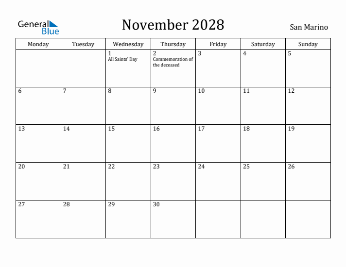 November 2028 Calendar San Marino