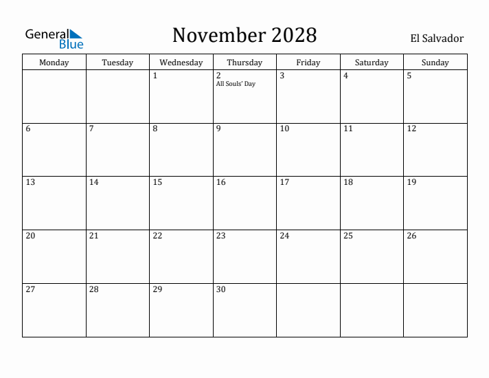 November 2028 Calendar El Salvador