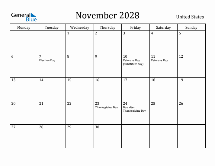November 2028 Calendar United States