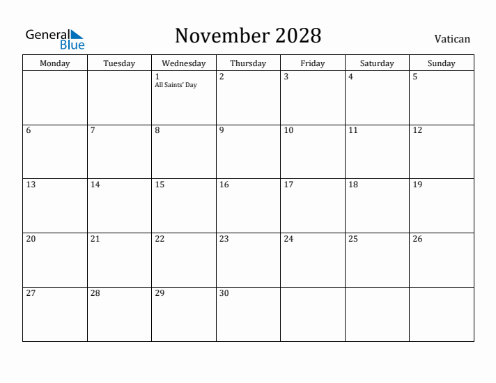 November 2028 Calendar Vatican