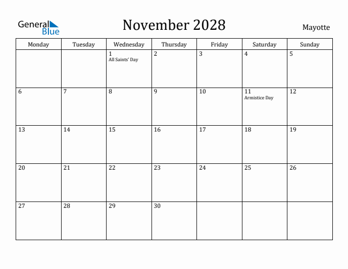 November 2028 Calendar Mayotte