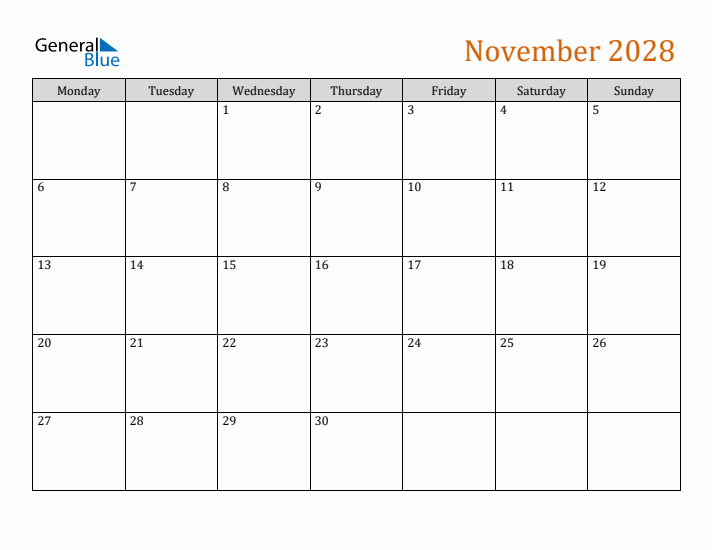 Editable November 2028 Calendar
