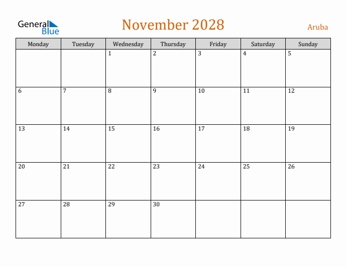 November 2028 Holiday Calendar with Monday Start