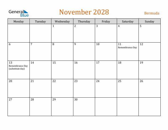 November 2028 Holiday Calendar with Monday Start
