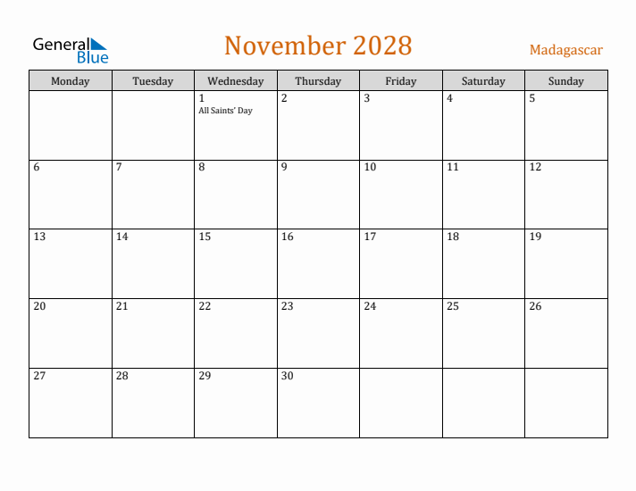 November 2028 Holiday Calendar with Monday Start