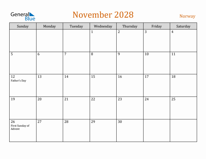 November 2028 Holiday Calendar with Sunday Start