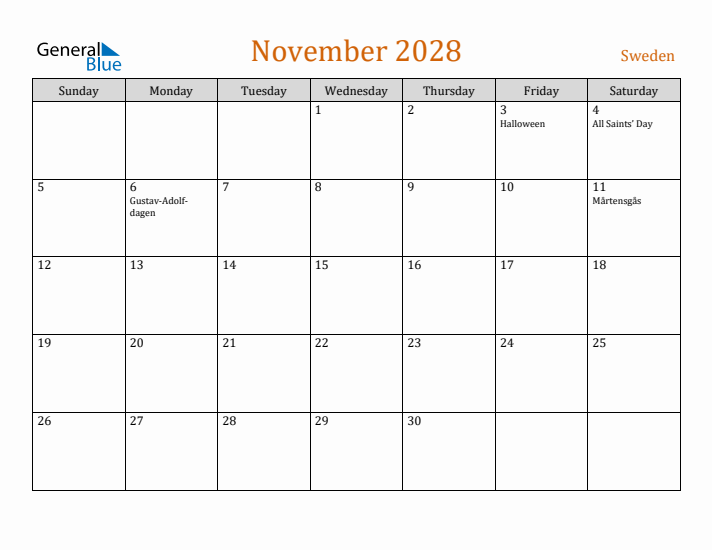 November 2028 Holiday Calendar with Sunday Start