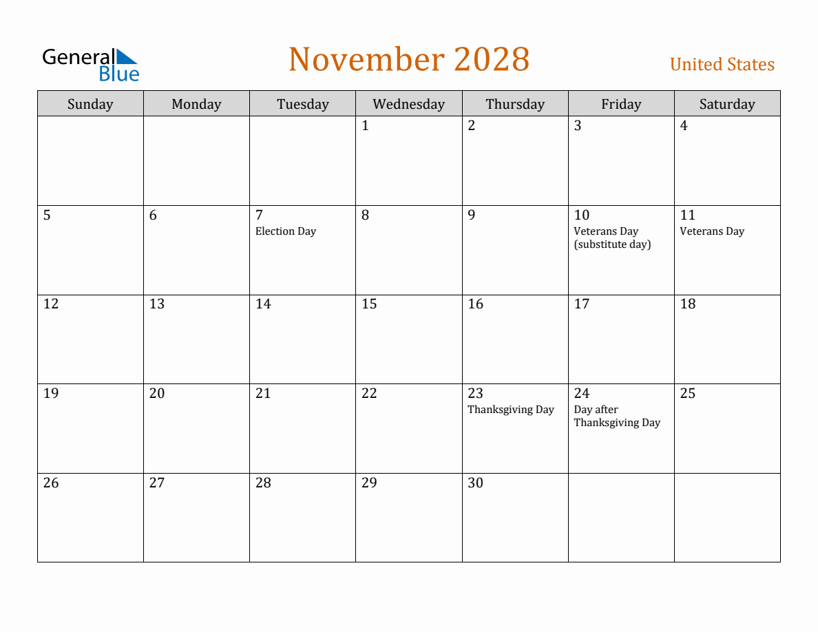 Free November 2028 United States Calendar