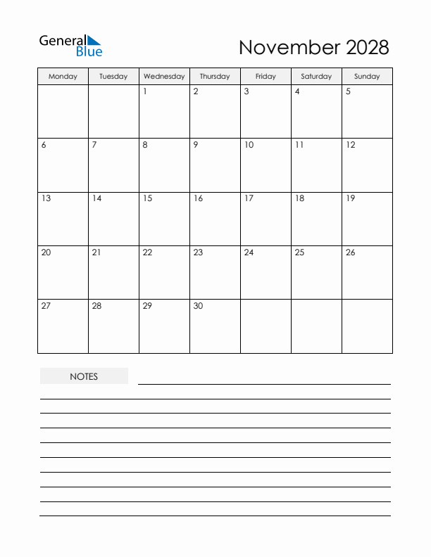 Printable Calendar with Notes - November 2028 