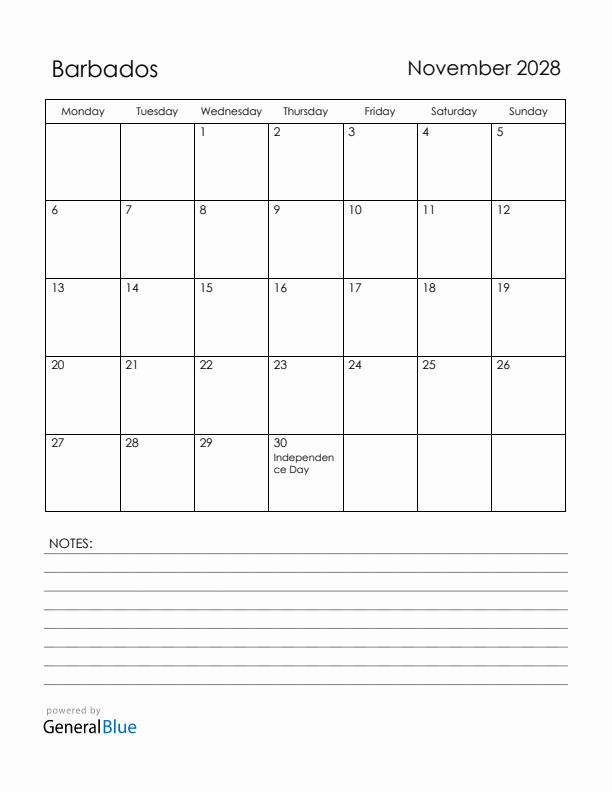 November 2028 Barbados Calendar with Holidays (Monday Start)