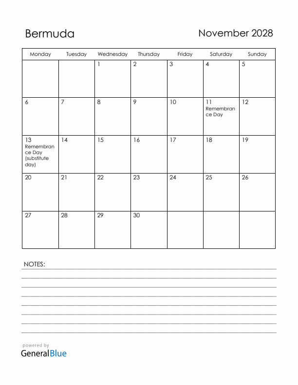 November 2028 Bermuda Calendar with Holidays (Monday Start)