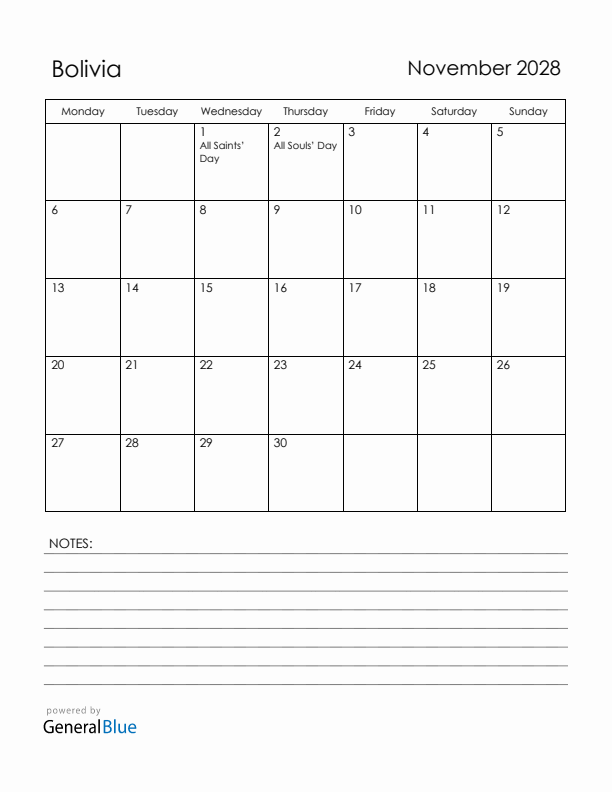 November 2028 Bolivia Calendar with Holidays (Monday Start)