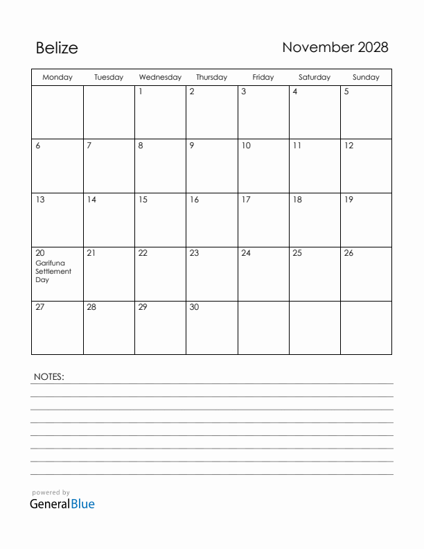 November 2028 Belize Calendar with Holidays (Monday Start)