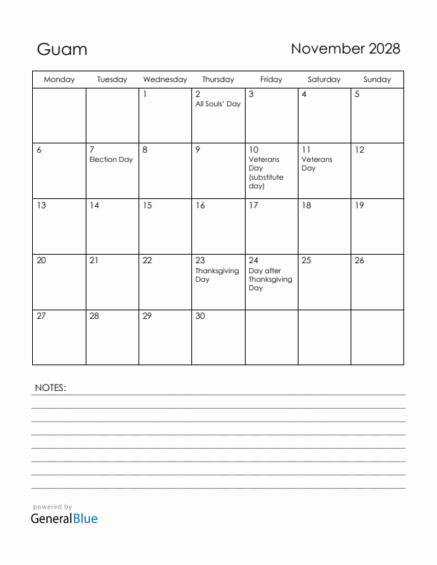 November 2028 Guam Calendar with Holidays (Monday Start)