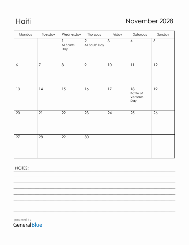 November 2028 Haiti Calendar with Holidays (Monday Start)