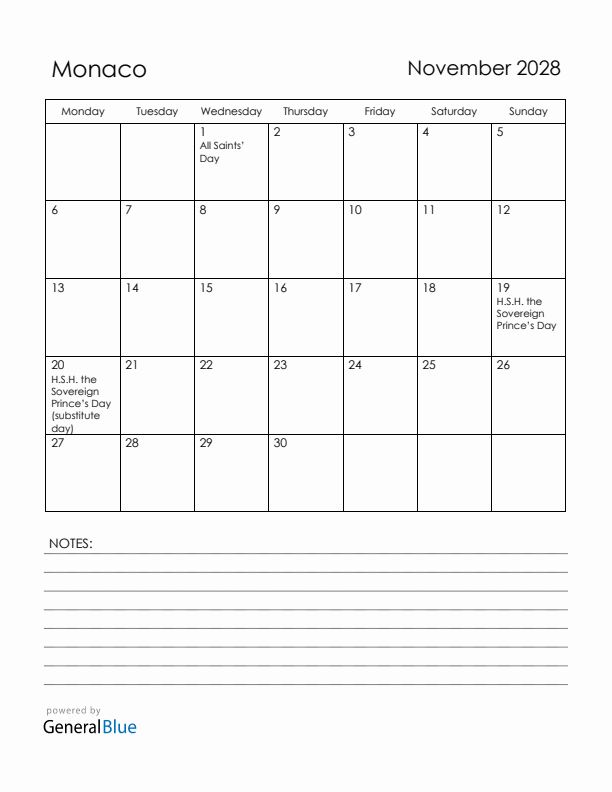 November 2028 Monaco Calendar with Holidays (Monday Start)