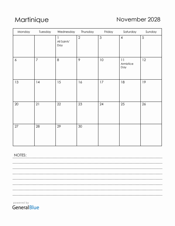 November 2028 Martinique Calendar with Holidays (Monday Start)