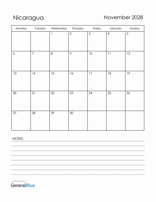 November 2028 Nicaragua Calendar with Holidays (Monday Start)