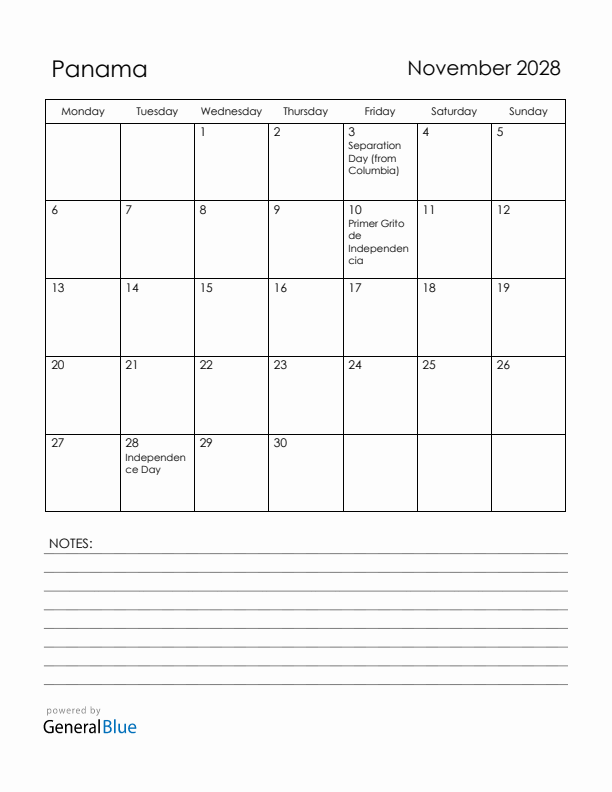 November 2028 Panama Calendar with Holidays (Monday Start)