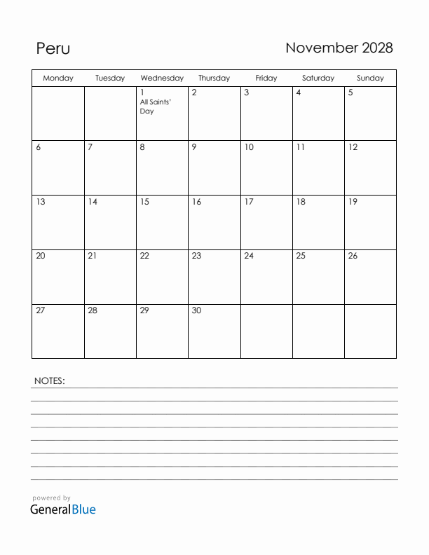 November 2028 Peru Calendar with Holidays (Monday Start)
