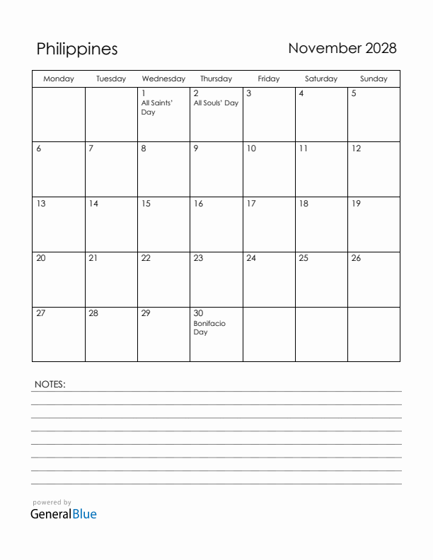 November 2028 Philippines Calendar with Holidays (Monday Start)