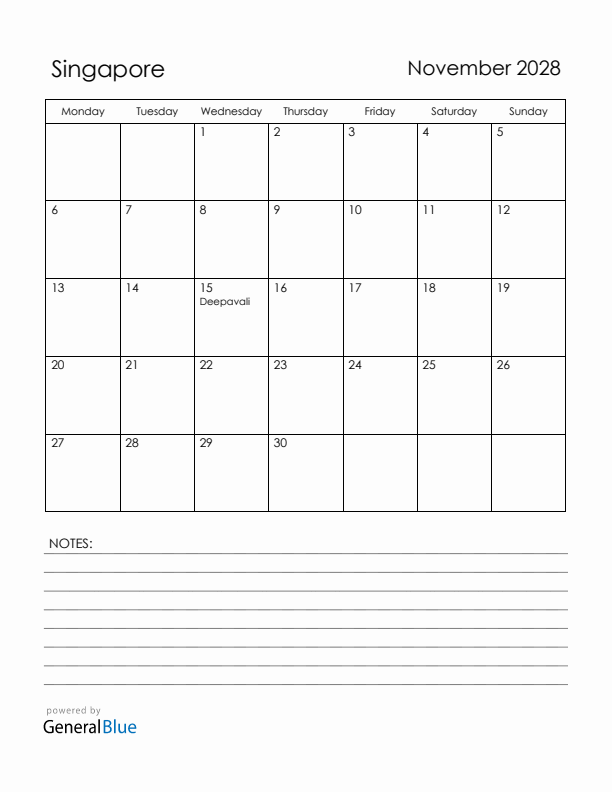 November 2028 Singapore Calendar with Holidays (Monday Start)