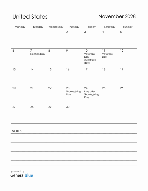 November 2028 United States Calendar with Holidays (Monday Start)