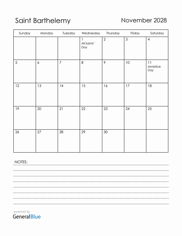 November 2028 Saint Barthelemy Calendar with Holidays (Sunday Start)