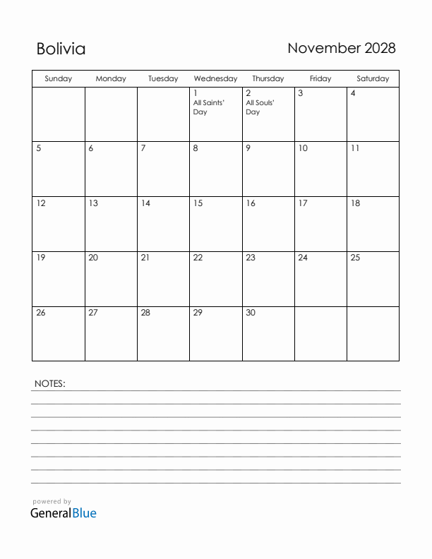 November 2028 Bolivia Calendar with Holidays (Sunday Start)