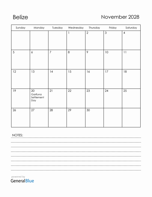 November 2028 Belize Calendar with Holidays (Sunday Start)