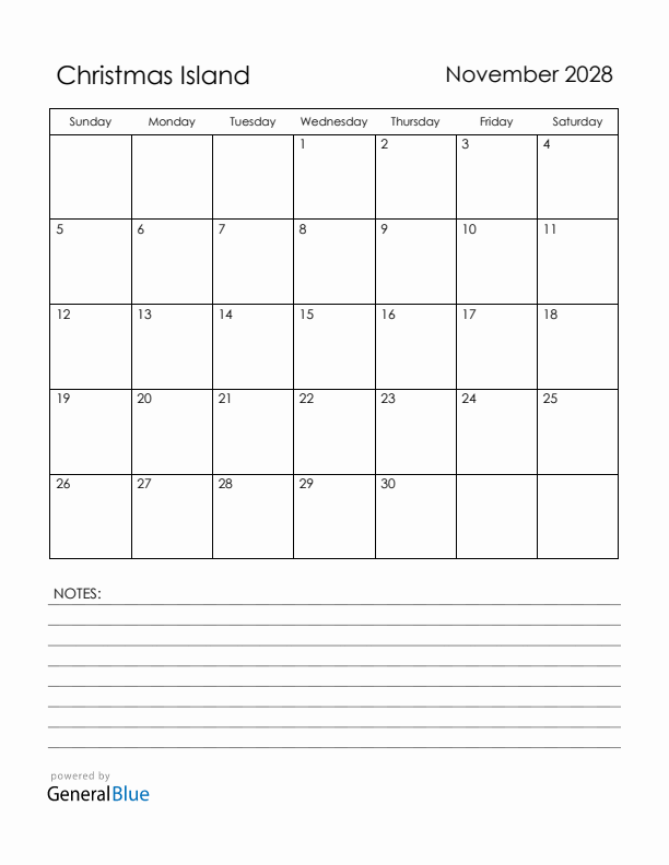 November 2028 Christmas Island Calendar with Holidays (Sunday Start)