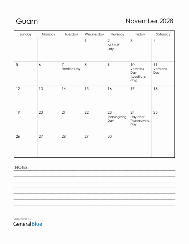 November 2028 Guam Calendar with Holidays (Sunday Start)
