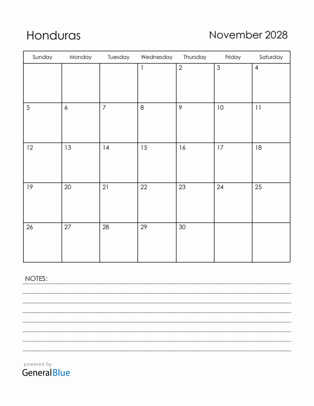 November 2028 Honduras Calendar with Holidays (Sunday Start)