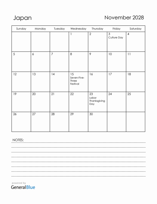 November 2028 Japan Calendar with Holidays (Sunday Start)