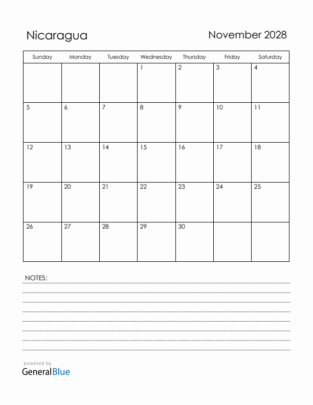 November 2028 Nicaragua Calendar with Holidays (Sunday Start)