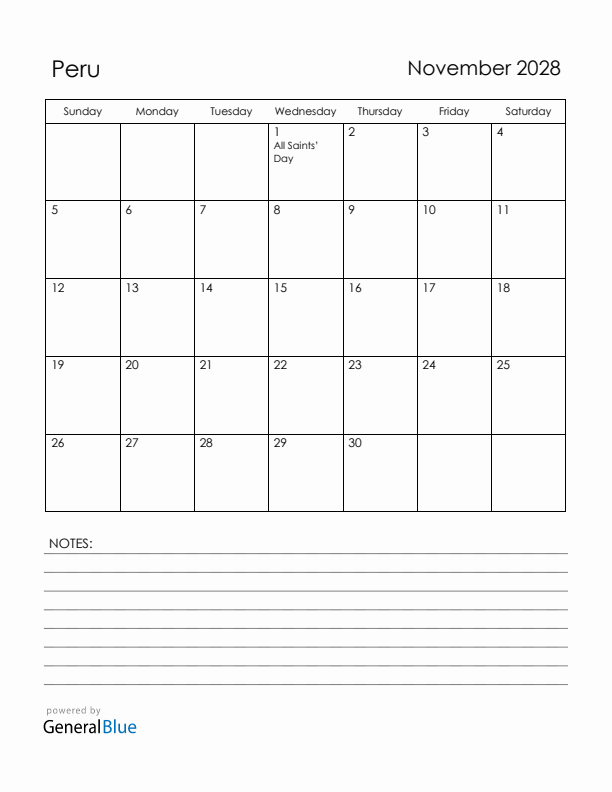 November 2028 Peru Calendar with Holidays (Sunday Start)