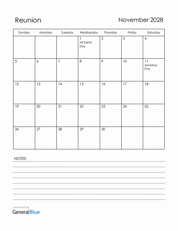 November 2028 Reunion Calendar with Holidays (Sunday Start)