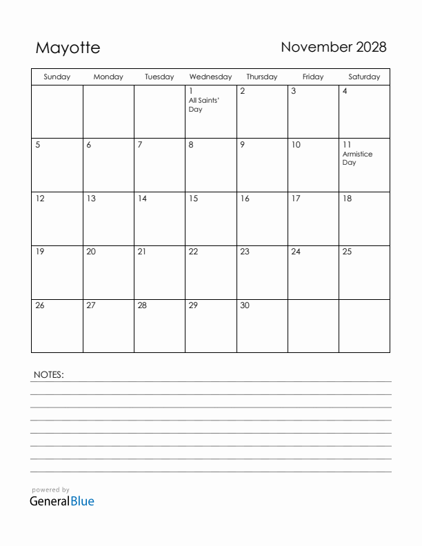 November 2028 Mayotte Calendar with Holidays (Sunday Start)